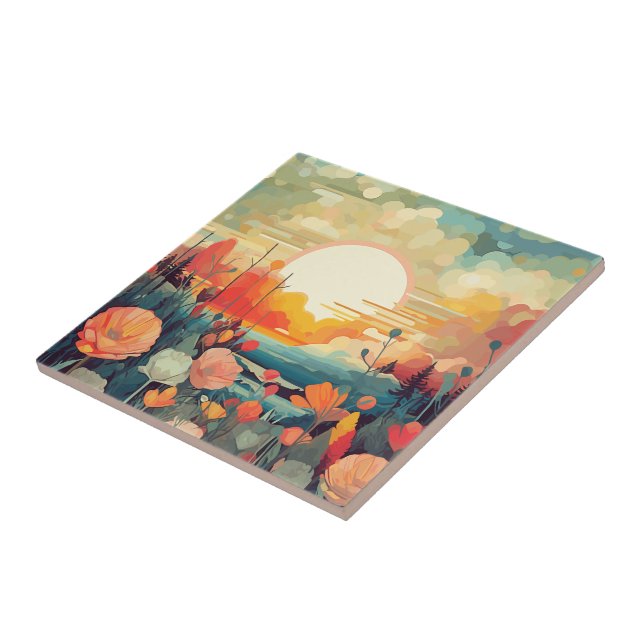 Poppies and fox tails Abstract flower field Ceramic Tile (Side)