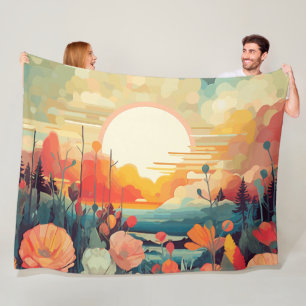 Poppies and fox tails Abstract flower field Fleece Blanket