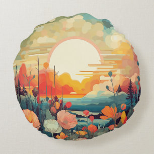Poppies and fox tails Abstract flower field Round Cushion