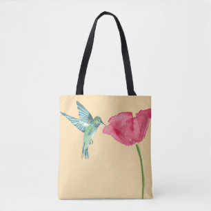 Poppies and hummingbird tote bag