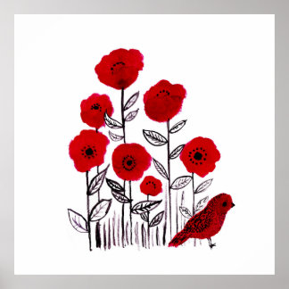Poppies and little red bird watercolor painting poster