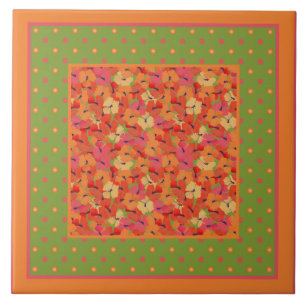 Poppies and Polka Dots Border Pattern on Green Ceramic Tile