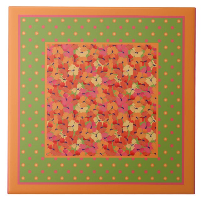 Poppies and Polka Dots Border Pattern on Green Ceramic Tile (Front)