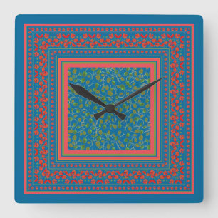 Poppies and Poppy Buds on Blue Square Wall Clock