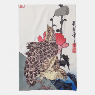 Poppies and Quails, Hiroshige, Ukiyo-e Tea Towel