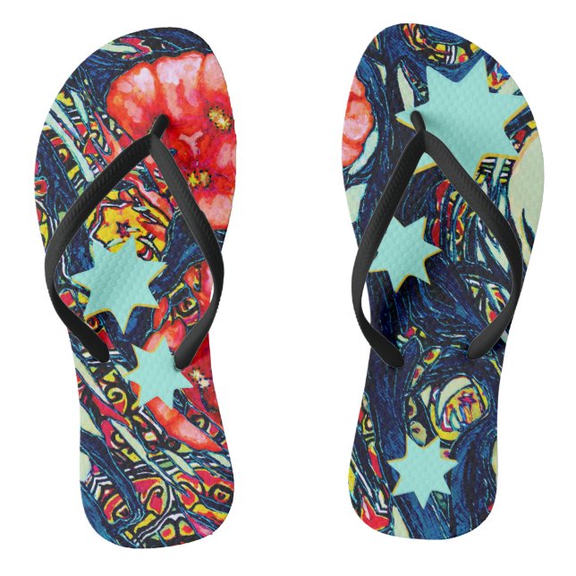 Poppies and stars modern colourful design thongs (Footbed)