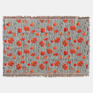 Poppies and stripes pattern throw blanket