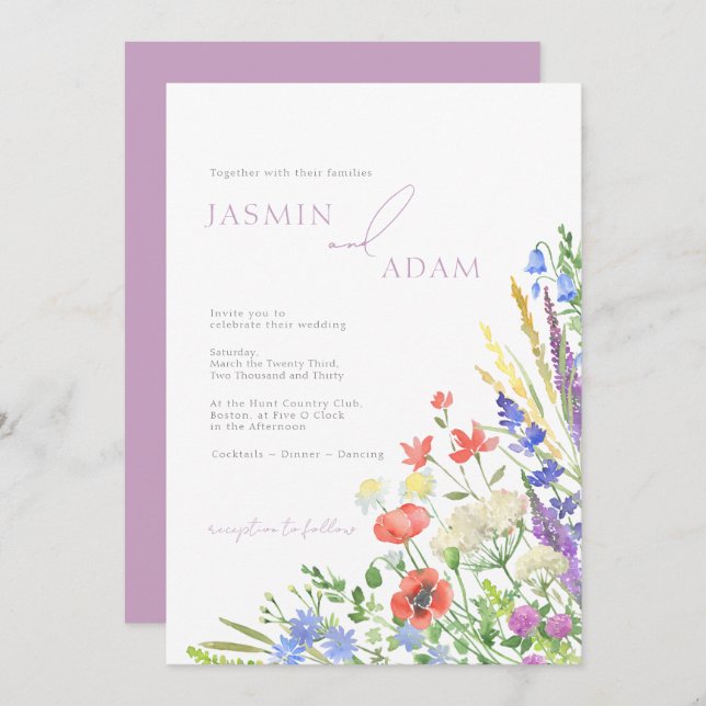 Poppies and Wildflowers Lavender Monogram Wedding Invitation (Front/Back)