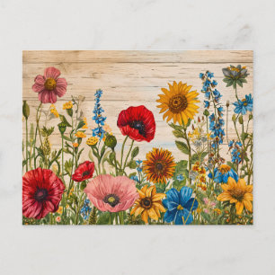 Poppies and Wildflowers on Soft Rustic Wood Postcard