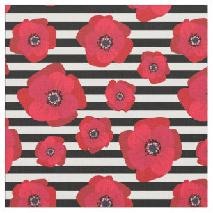 Poppies & Black Stripes - Seamless Pattern Fabric