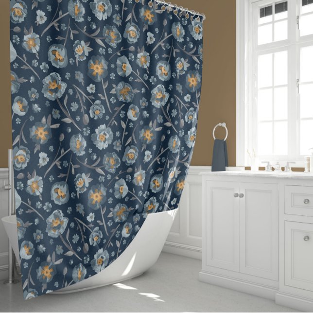 Poppies Blue Floral Pattern Shower Curtain (Poppies Blue Floral Pattern Shower Curtain from Studio Posies.)