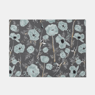  Poppies Blue Grey Black Watercolor Floral Pattern Doormat