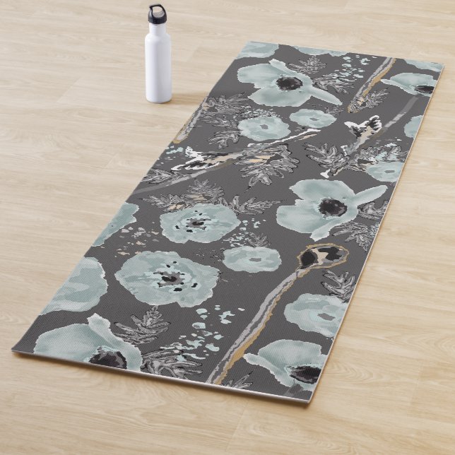 Poppies Blue Grey Charcoal Watercolor Flora Yoga Mat (In Situ)