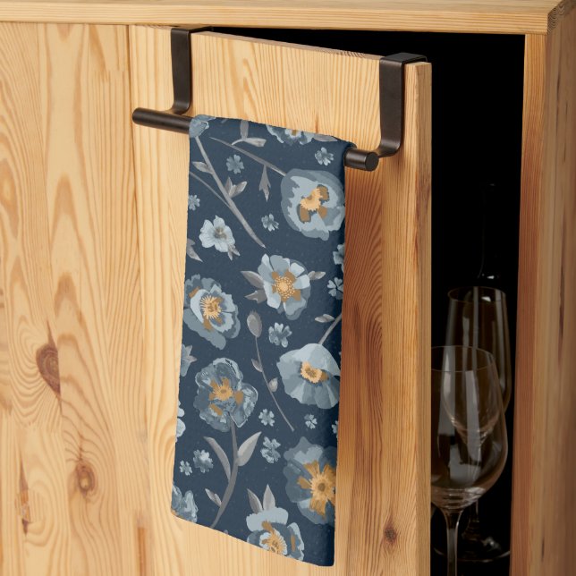 Poppies Blue Grey Floral Pattern Tea Towel (Thirds Fold)