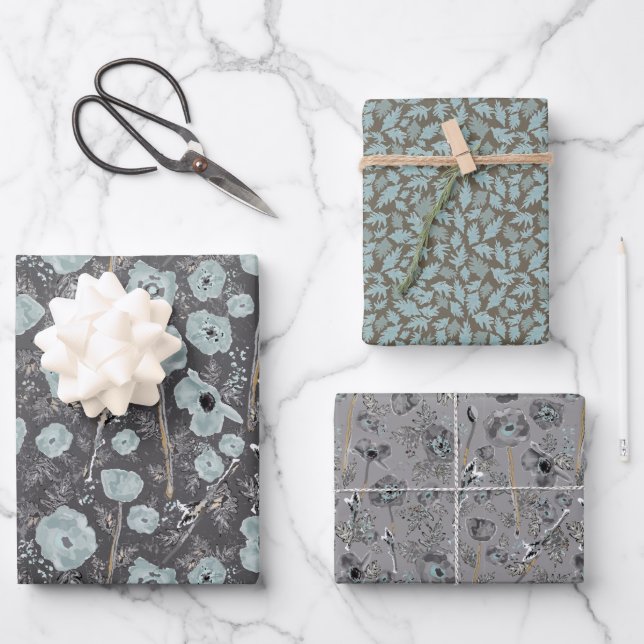 Poppies Blue Grey Grey Floral Pattern Wrapping Paper Sheet (Front)