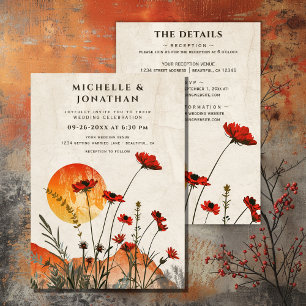 Poppies Boho Wildflowers Sunset All in One Wedding Invitation