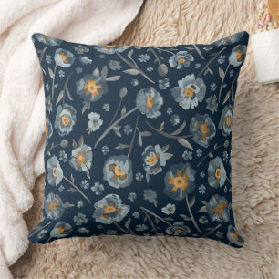 Poppies Charming Blue Grey Yellow Floral Cushion