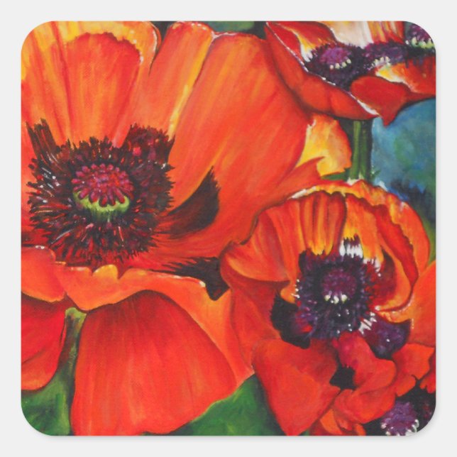 Poppies Colourful Orange Painting Square Sticker (Front)