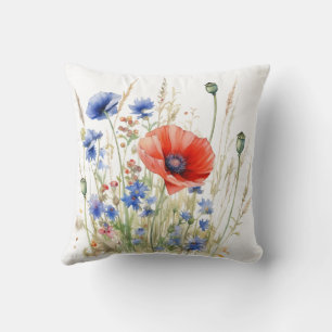 Poppies & Cornflowers: Rustic Meadow Watercolor Cushion