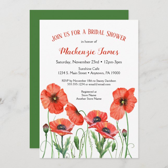 Poppies Floral Bridal Shower Invitation Watercolor (Front/Back)