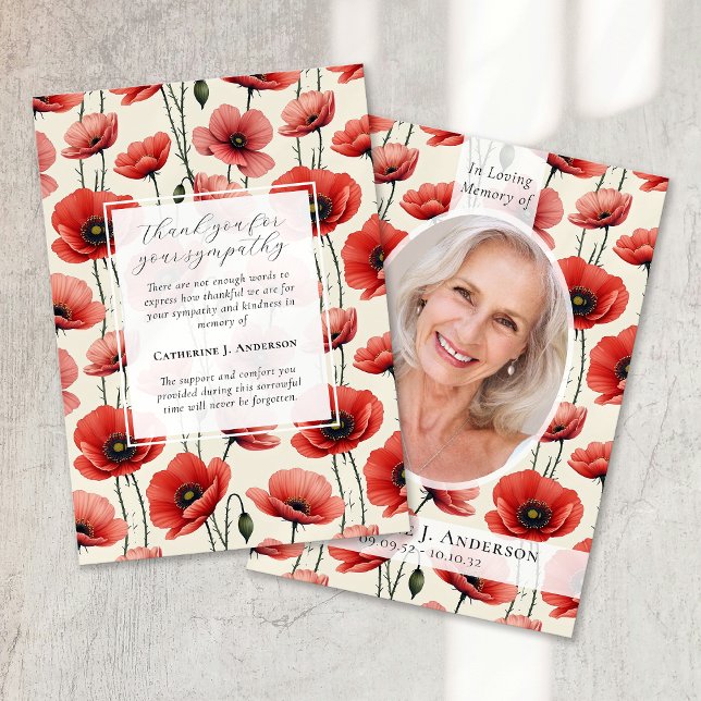 Poppies Floral Memorial Photo Sympathy Funeral Thank You Card (Creator Uploaded)