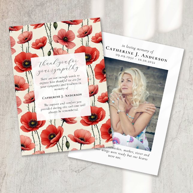 Poppies Floral Memorial Photo Sympathy Funeral Thank You Card (Creator Uploaded)