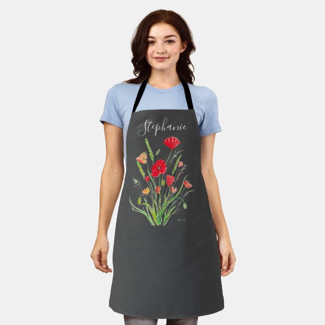 Poppies Floral Red Poppy Botanical Art Summer Apron (Worn)