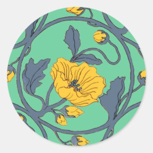 Poppies Flower Vintage Tile Design Art Nouveau Classic Round Sticker
