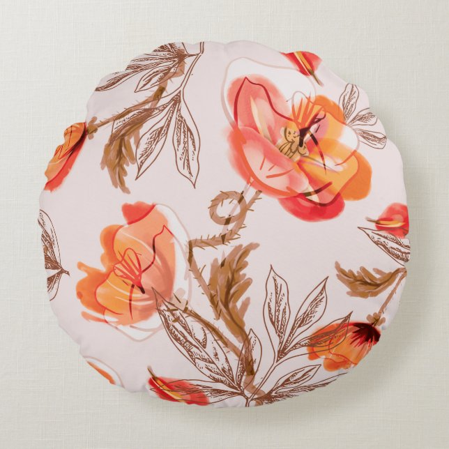 Poppies Flowers Seamless Pattern on a Beige Backgr Round Cushion (Front)