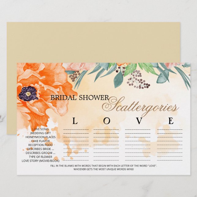 Poppies foliage bridal shower scattergories (Front/Back)