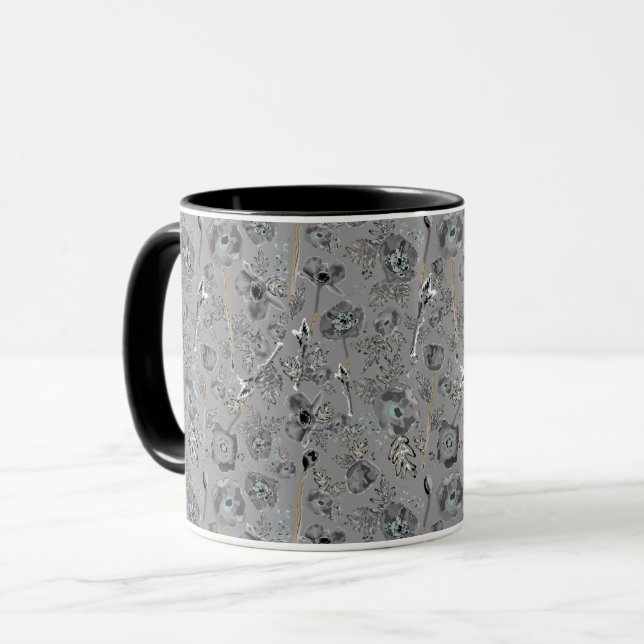 Poppies Grey Light Blue Watercolor Floral Mug (Front Left)