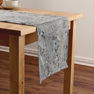 Poppies Grey Light Blue Watercolor Floral Pattern Short Table Runner
