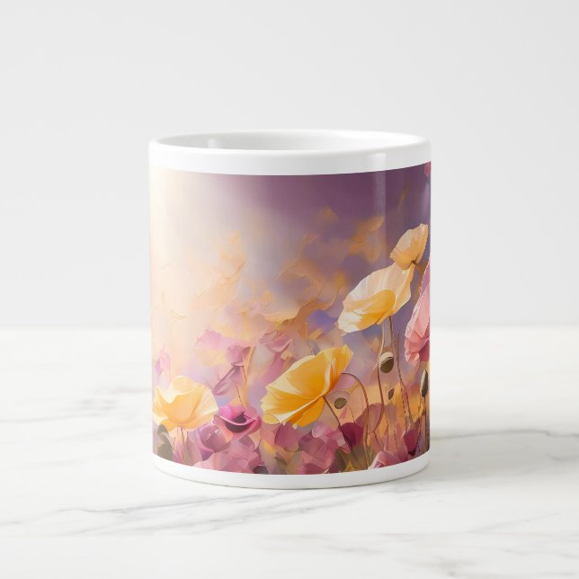 Poppies growing in a field - Watercolour Pastels Large Coffee Mug (Front)