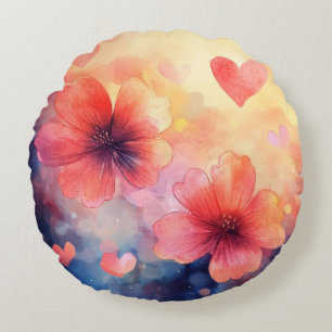 Poppies & Hearts – Watercolor Round Pillow