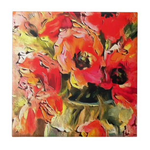 Poppies In A Glass Vase Black Outline Art Ceramic Tile