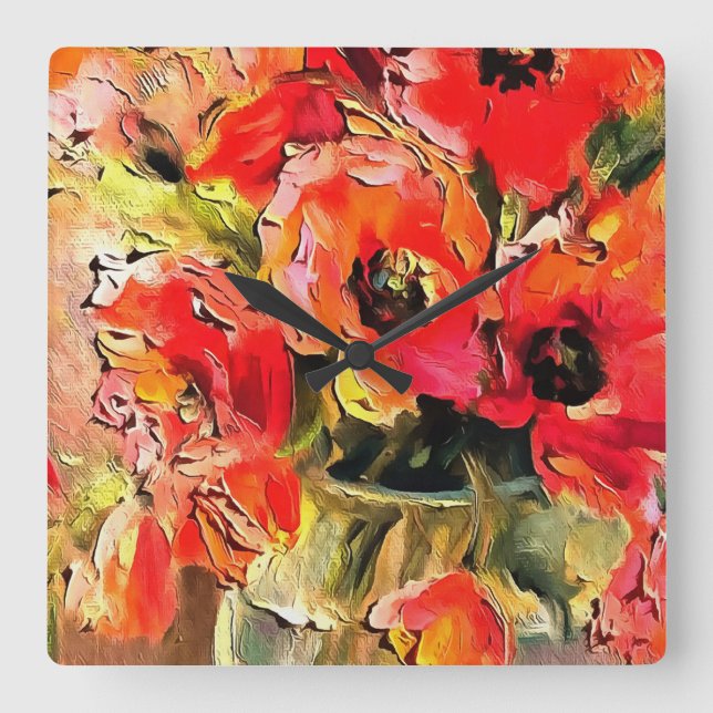 Poppies In A Glass Vase Black Outline Art Square Wall Clock (Front)