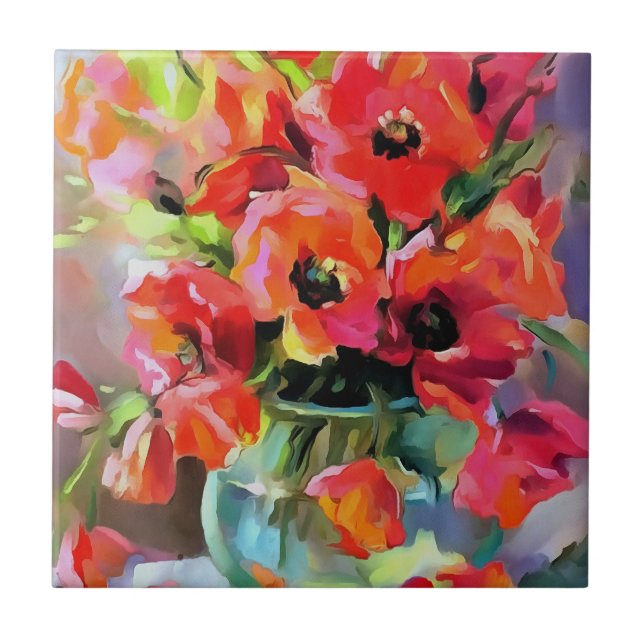Poppies In A Glass Vase Ceramic Tile (Front)