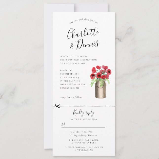 Poppies in a milkbucket invitation w rsvp attached (Front)