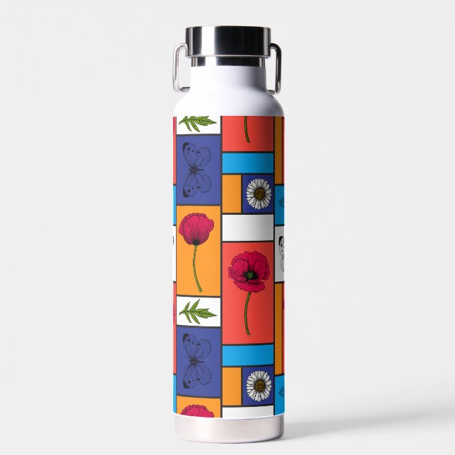 Poppies in colourful boxes water bottle (Front)