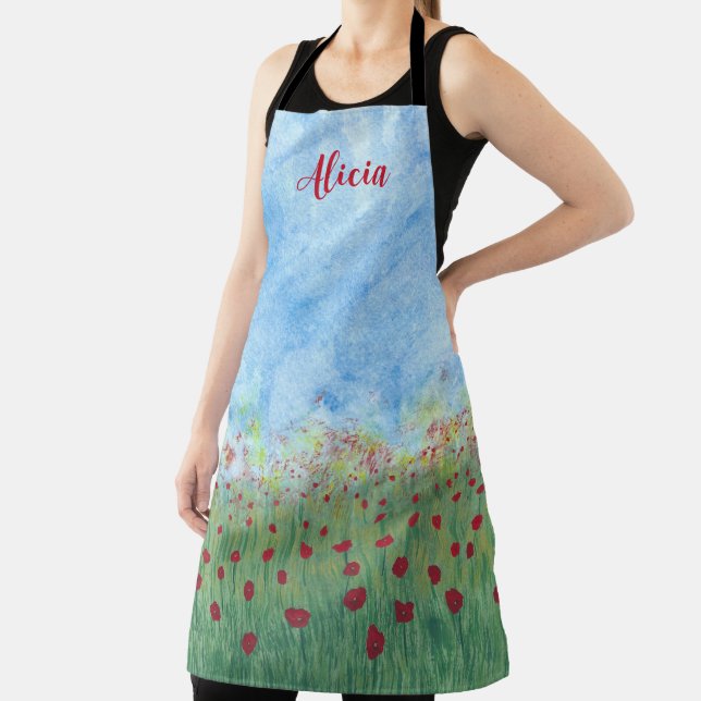 Poppies in Field Blue Sky Personalised Apron (Insitu)