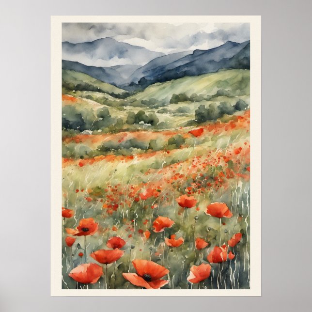 Poppies In The Field Natural Scene Watercolor Poster (Front)