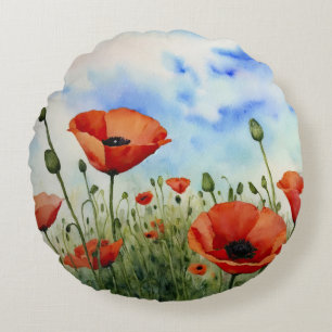 Poppies in the Field  Round Cushion