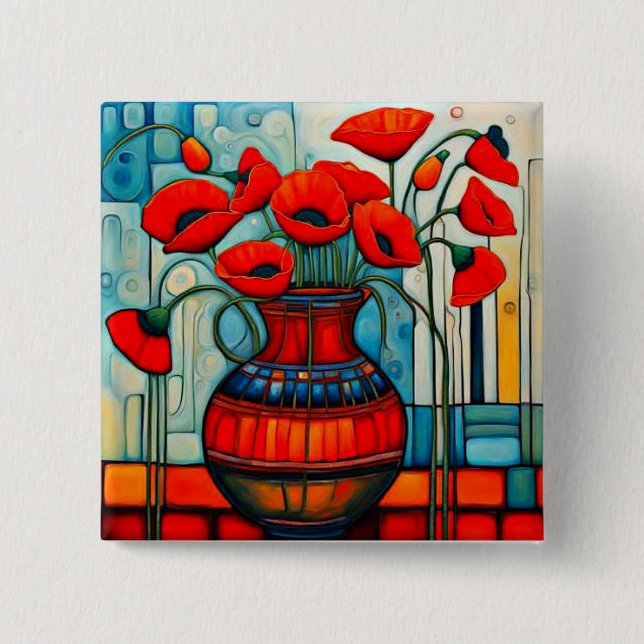Poppies in vase 15 cm square badge (Front)