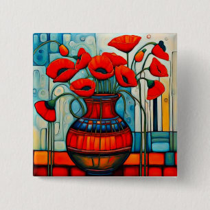 Poppies in vase 15 cm square badge