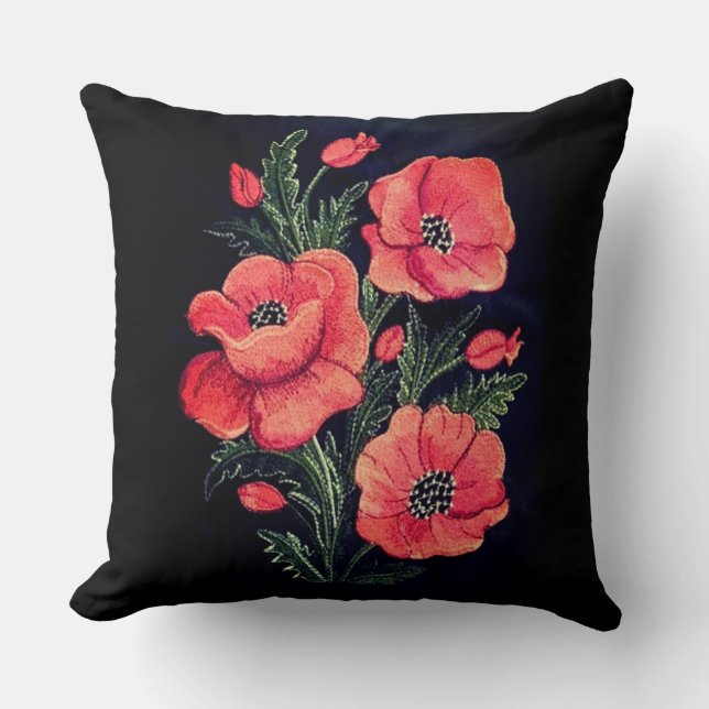 Poppies Machine Embroidery Design Throw Pillow  (Front)