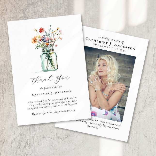 Poppies Mason Jar Photo Sympathy Funeral Memorial Thank You Card (Creator Uploaded)