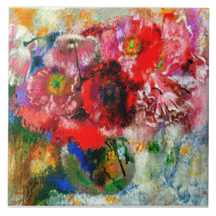 Poppies on Grey Background, Floral painting Ceramic Tile