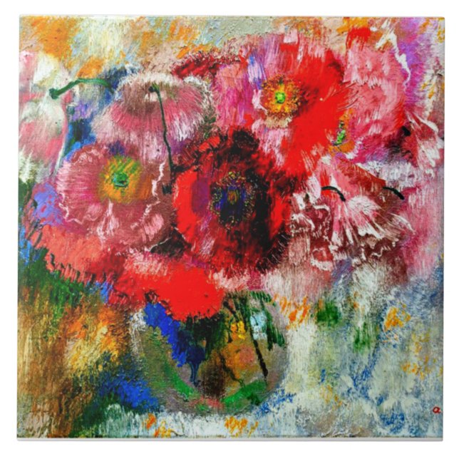 Poppies on Grey Background, Floral painting Ceramic Tile (Front)