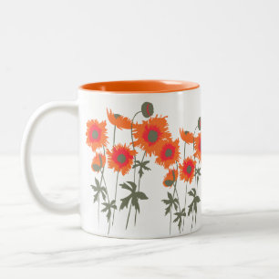 Poppies orange and green graphic art floral mug