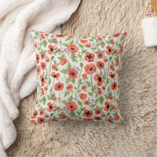 Poppies Orange Green Floral Pattern Cushion